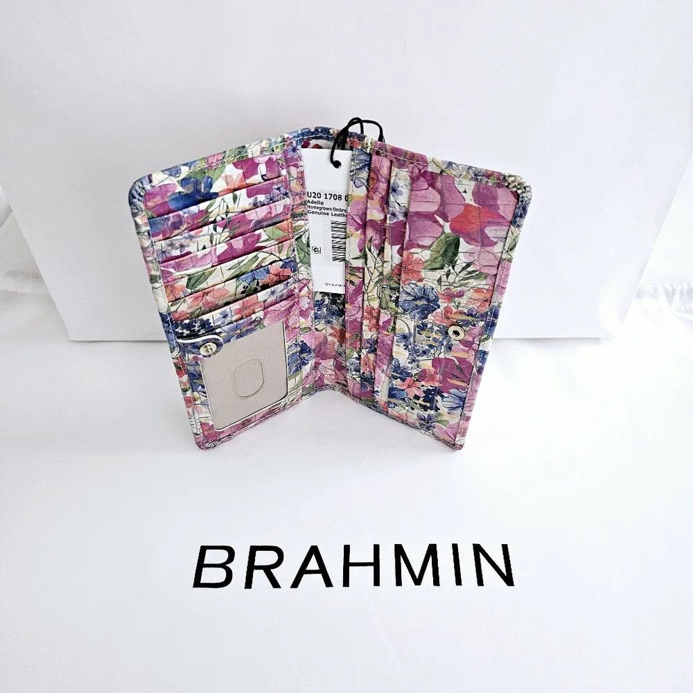 Brahmin Floral Leather Wallet in Pink, Blue, Green